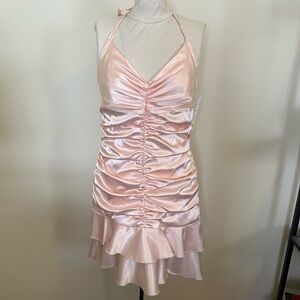Jessica McClintock Y2K Pink Satiny Ruched Halter Mini Dress